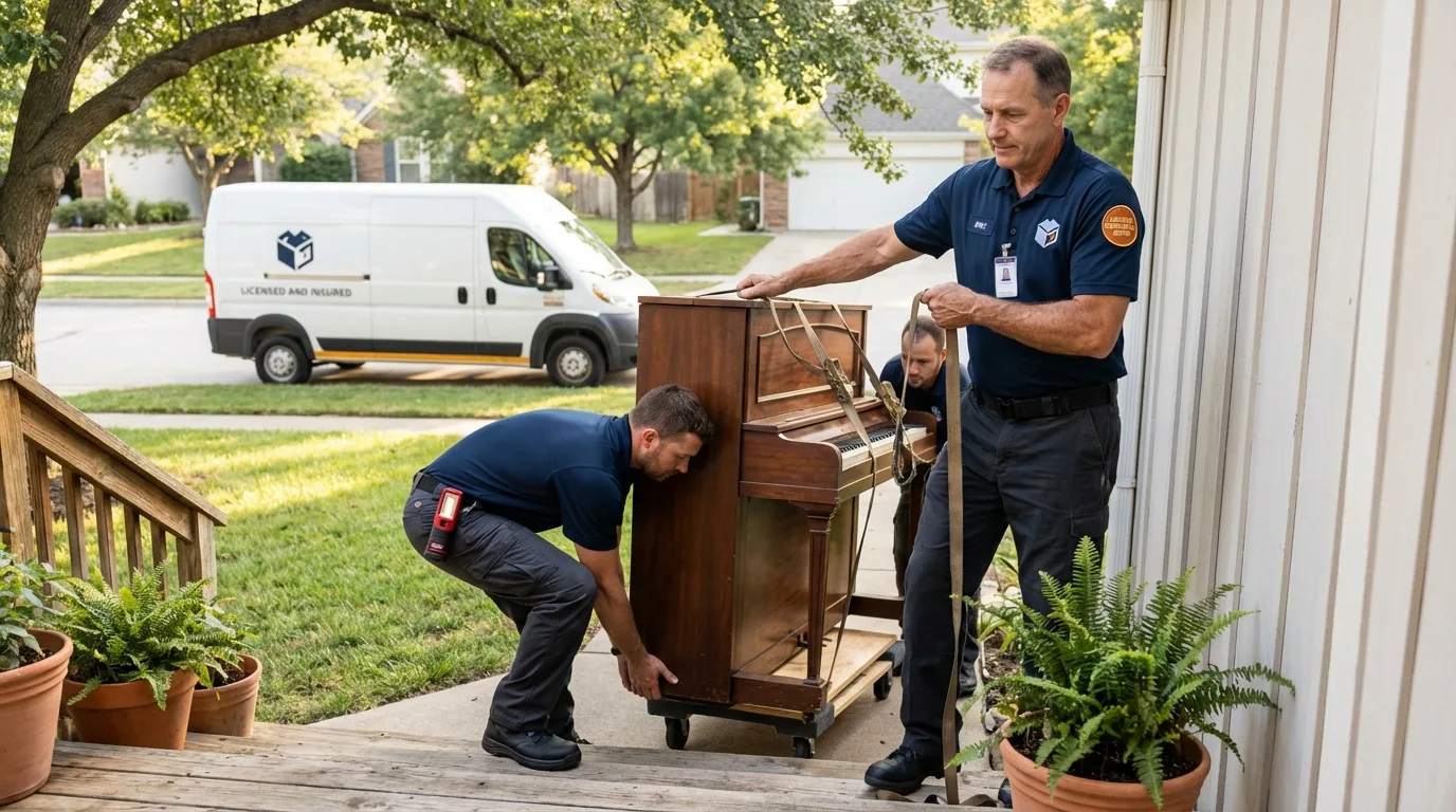 Licensed piano movers securing grand piano in McMechen, WV