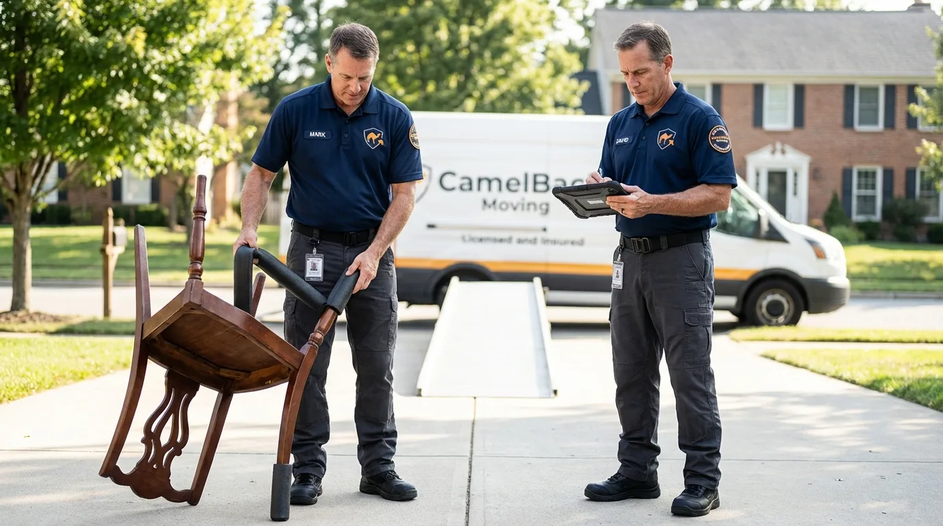 Movers inspecting furniture for damage prevention before loading in McMechen, WV