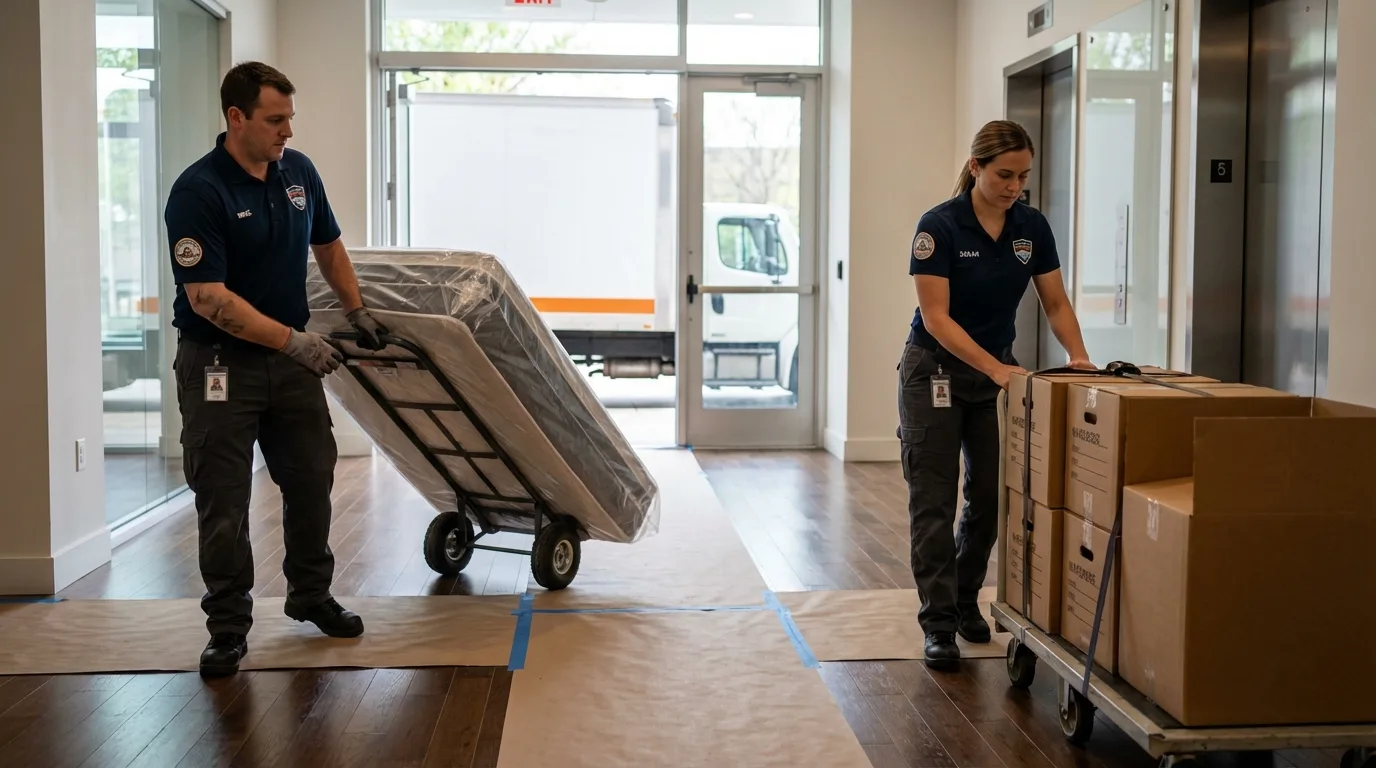Professional apartment movers loading elevator in McMechen, WV