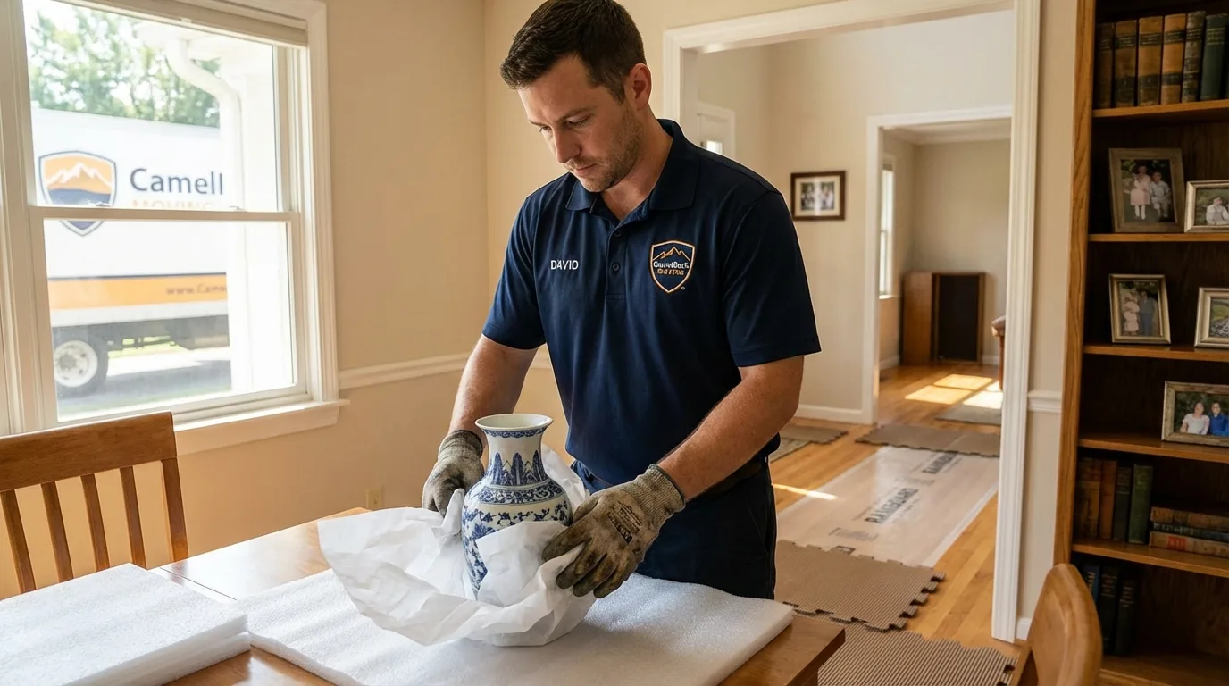 Professional crew carefully wrapping antique vase for senior downsizing move in McMechen, WV